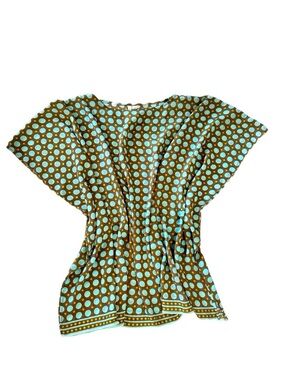 PERRY ELLIS ~ Polka Dot Women's Swim Suit Cover-Up w/Brown Aqua & Yellow Circles
